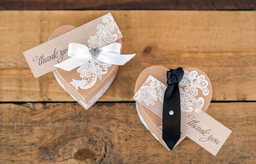 Bride and Groom Favour Boxes Heart Kraft Paper Favour Box With Vintage Lace Print | Confetti.co.uk