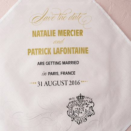 Black and Gold Parisian Save The Date Personalised Handkerchief | Confetti.co.uk