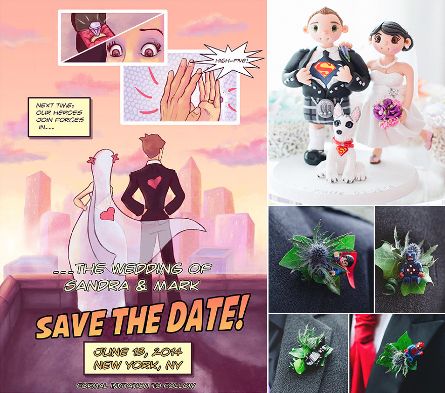 Comic Book Save the Date Digital Superhero Style Wedding by AwkwardAffections on Etsy and Superhero Real Wedding Buttonholes | Confetti.co.uk