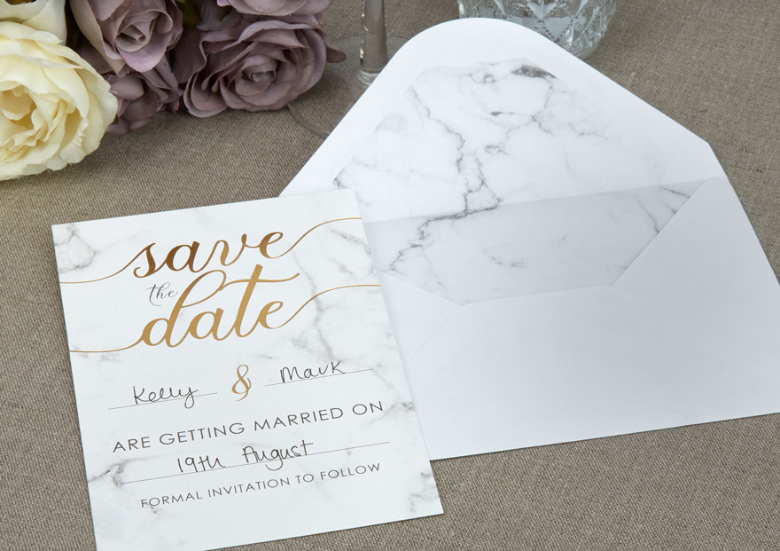 Gold Script Marble Effect Wedding Save The Date Cards | Confetti.co.uk