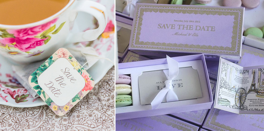 Macaron Box Wedding Save the Date Idea and Personalised Save the Date Tea Bags from Vintage Tea Party Picnic Engagement Session Photograph by Christy Nicole Photography | Confetti.co.uk