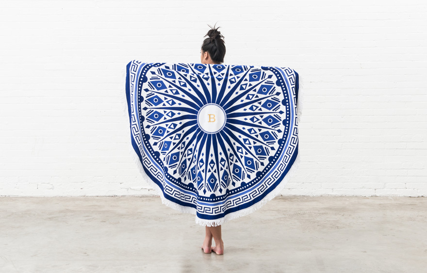 Personalised Blue and White Tribal Print Round Beach Towel | Confetti.co.uk