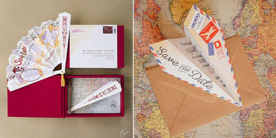 Personalised Vintage Airmail Wedding Save the Date Paper Airplanes by HipHipHoorayStudio and Buenos Aires Folding Hand Fan Save the Date from Ceci New York | Confetti.co.uk