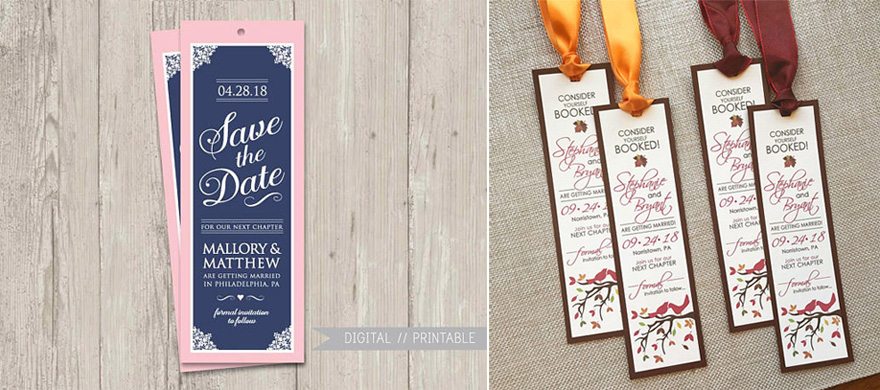 Pink and Navy Blue Save the Date Bookmark by ThePaperVioletShoppe on Etsy and Fall Wedding Autumn Wedding Save the Date by envymarketing on Etsy | Confetti.co.uk