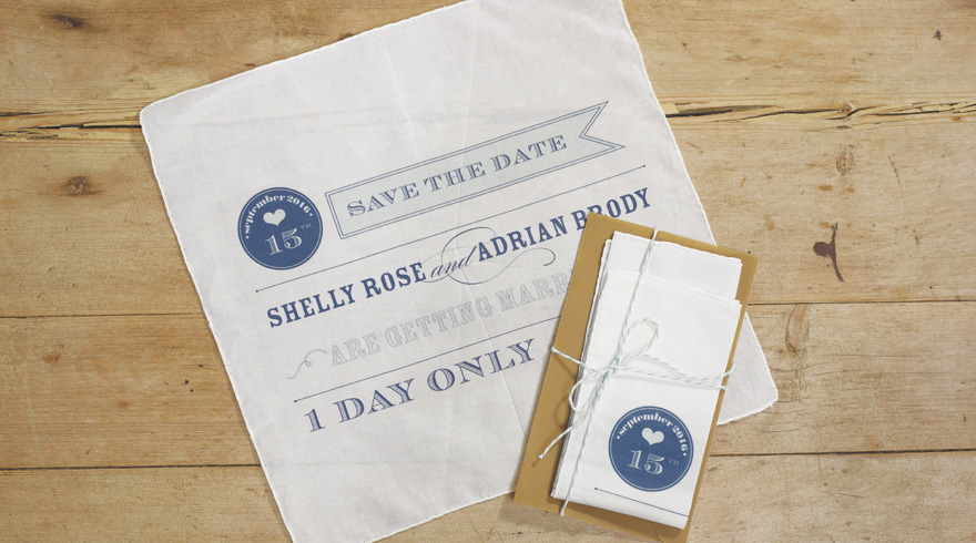 Play Bill White and Navy Save The Date Personalised Handkerchief | Confetti.co.uk