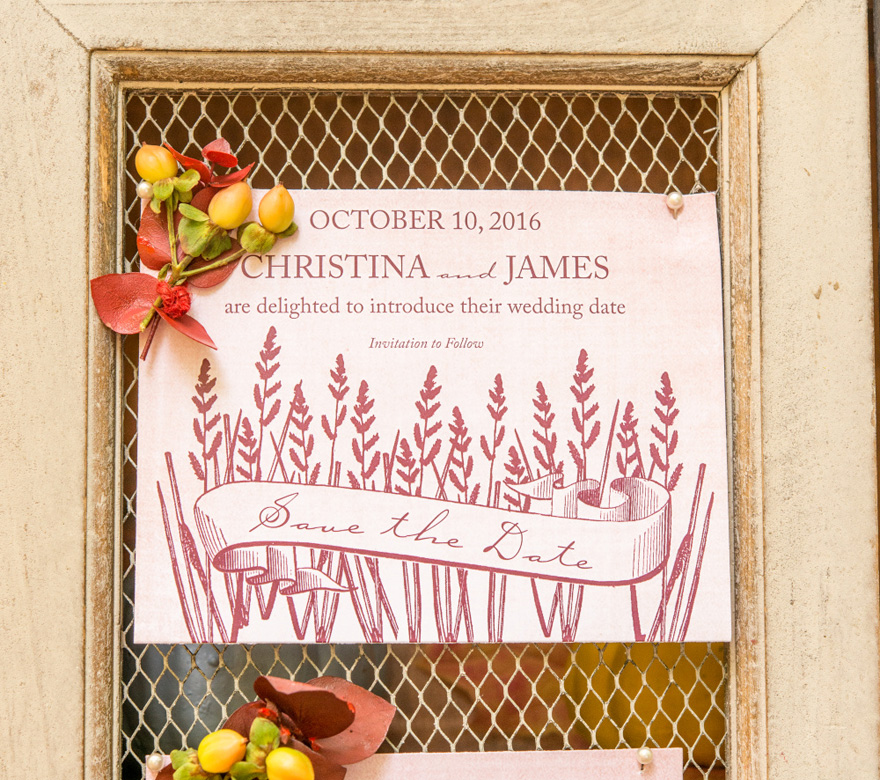 Rustic Country Save The Date Card Autumn Wedding Theme with Wheat Accents | Confetti.co.uk