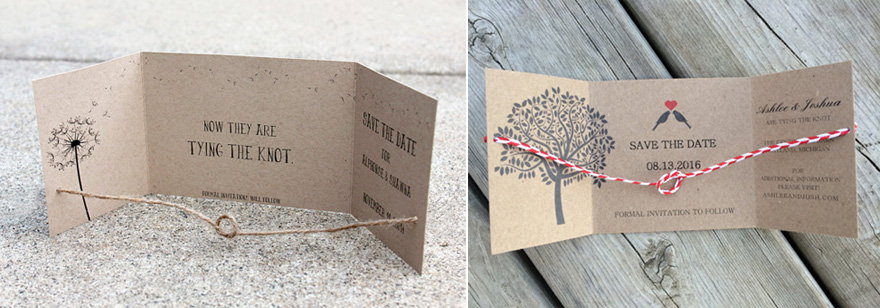 Rustic Dandelion Wish Tie the Knot Save the Date Card by SweetSights on Etsy and Tying the Knot Save the Date Card with Tree and Love Birds by MyPlatinumPlanner on Etsy | Confetti.co.uk