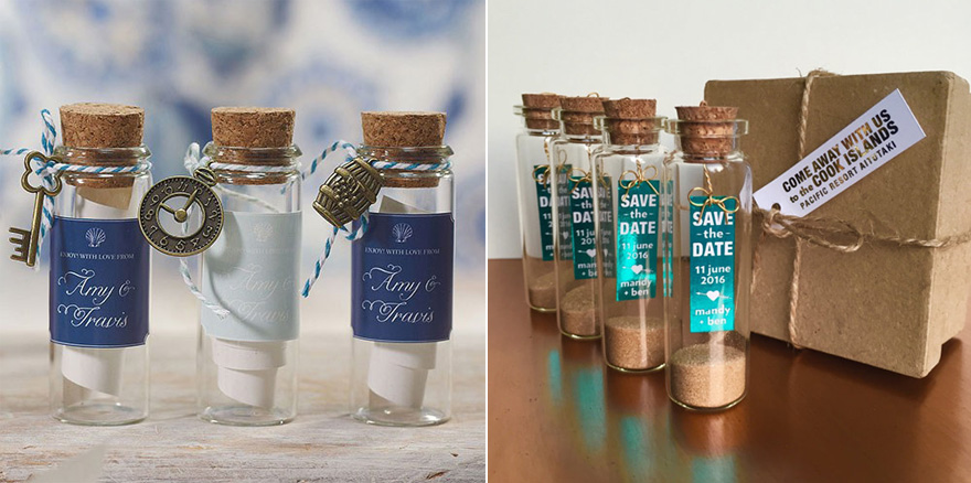 Small Glass Bottle With Cork Stopper and Charms Wedding Favour and Message In a Bottle Creative Save the Date Idea by aLITTLEsmallTALK on Etsy | Confetti.co.uk