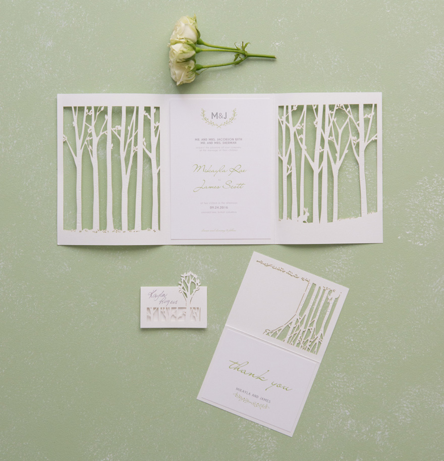 Trees and Woodland Nature Wedding Invitation - Woodland Pretty Laser Embossed Accessory Cards With Personalisation | Confetti.co.uk