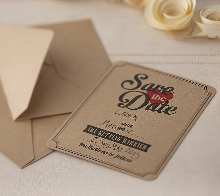 Vintage Affair Kraft Save The Date Cards - Vintage Brown with Red Heart | Confetti.co.uk