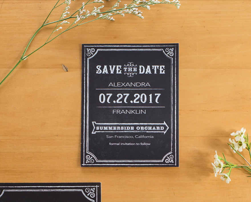 Vintage Retro Black and White Save The Date Card With Chalkboard Print Design | Confetti.co.uk