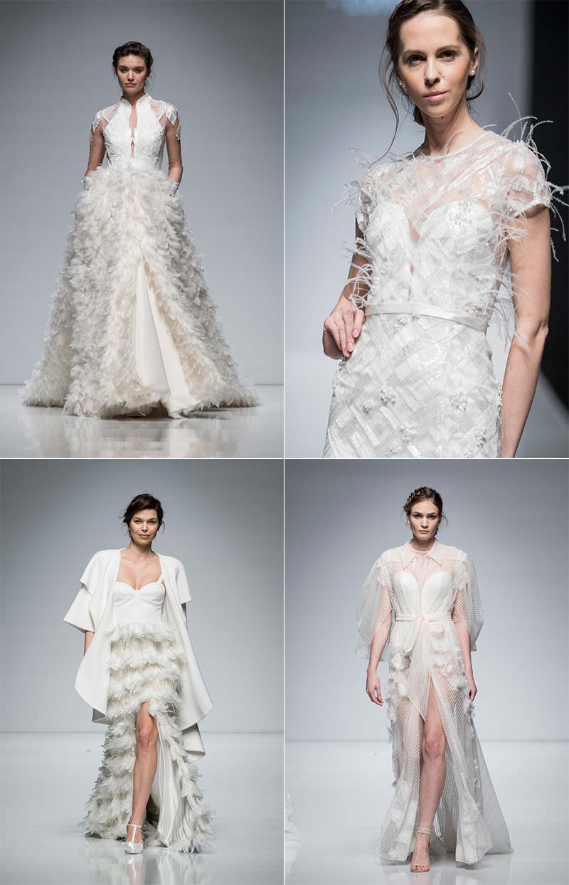 Four feathered wedding dresses