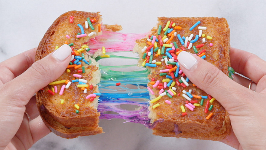 Colourful Rainbow Grilled Cheese Sandwich by PopSugar - Unicorn Food Ideas | Confetti.co.uk