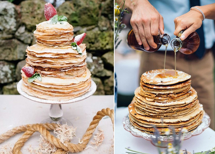 Crepes and Strawberries Wedding Cake Alternative via Sweet Violet Bride and Pancake Wedding Cake Idea with Syrup via Cole and Kelly's Brunch Wedding at Cape Cod from Vienna Glenn Photography | Confetti.co.uk