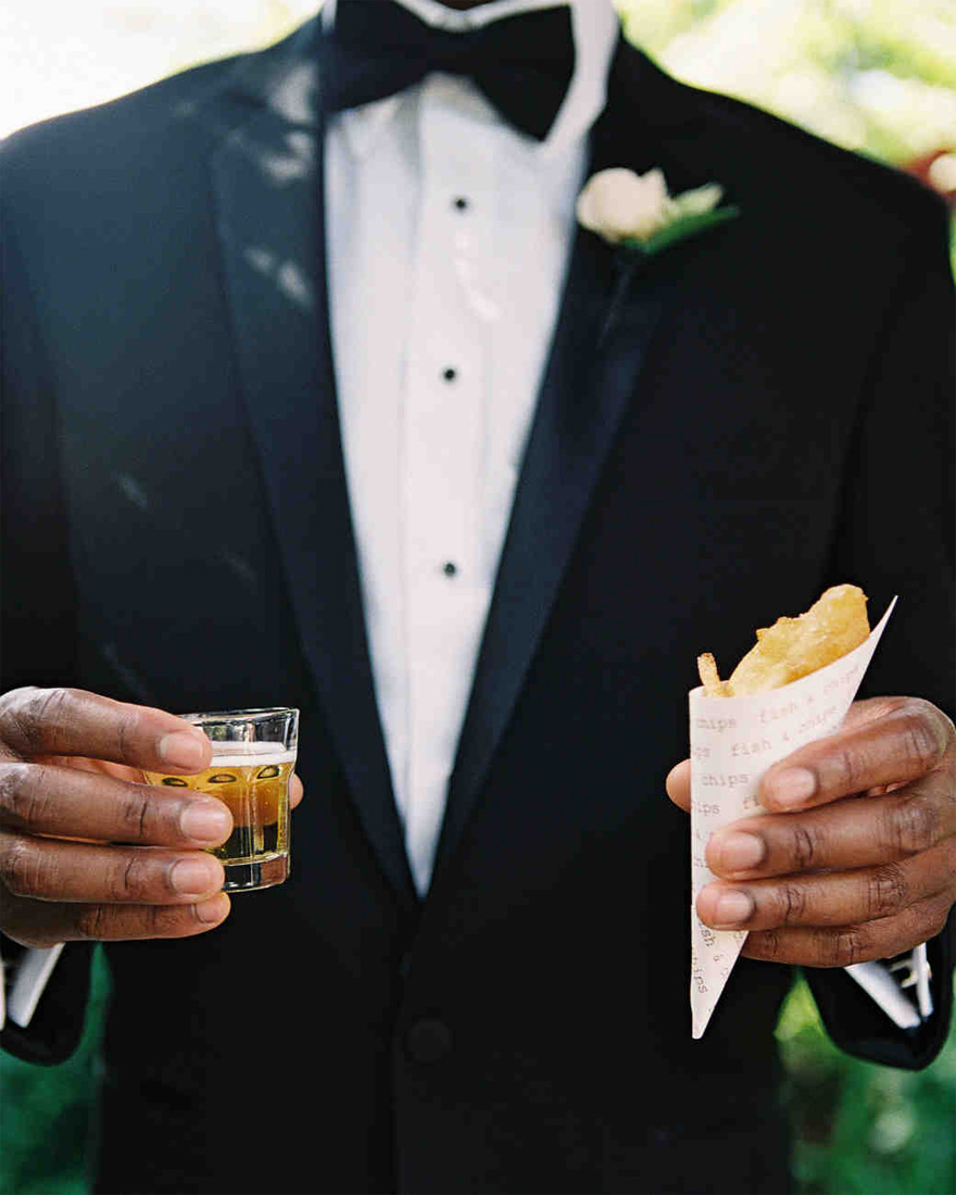 Mini Fish and Chips Wedding Catering with a Shot of Beer from A Glamorous Outdoor Destination Wedding in California by Braedon Photography, via Martha Stewart Weddings | Confetti.co.uk