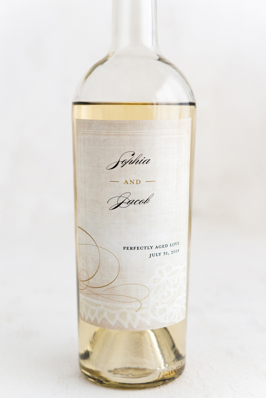 Vintage Lace Wine Label with Lace Details Script Lettering and a Touch of Floral | Confetti.co.uk