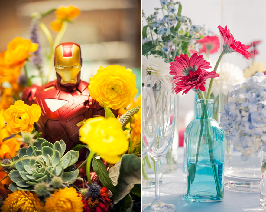 Maegan and Michael’s Geeky Santa Monica Wedding with Iron Man Figurine in the Flowers - Event Design by Kristeen LaBrot Events - and Pretty Blue and White Table Decor Idea | Confetti.co.uk