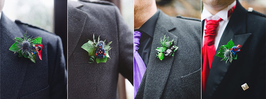 Superhero Buttonholes - Marvel Superhero Groomswear Acessories and and DC Superhero Katie and Ian’s Superhero Wedding Accessories - Katie and Ian’s Superhero Themed Real Wedding | Confetti.co.uk