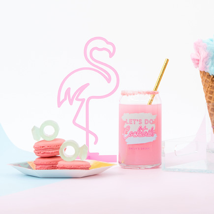 Acrylic Flamingo Tabletop Decoration In Pink with Lets Do Cocktails Personalised Can Shaped Glass - Summer Party Ideas - Pink Flamingo Theme | Confetti.co.uk