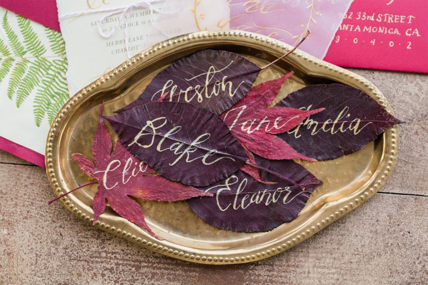 Autumn Leaf Place Cards by Kari Me Photography - Autumn Leaves and Gold Script | Confetti.co.uk