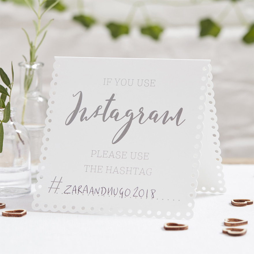 Beautiful Botanics Instagram Tent Cards - Instagram Hashtag Wedding Cards - White and Silver Wedding Stationery - Instagram Wedding Sign | Confetti.co.uk