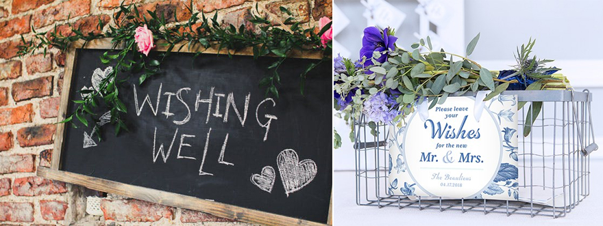 Beautiful Wedding Wishing Well Ideas - Chalk Board Wishing Well Sign and Vintage Blue Floral Wishing Well Basket | Confetti.co.uk