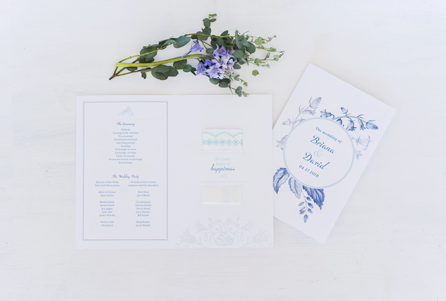 DIY Vintage Romance Program - Vintage Blue Wedding Stationery with Tissues for Your Tears of Happiness - Blue Floral Wedding Stationery Inspiration | Confetti.co.uk