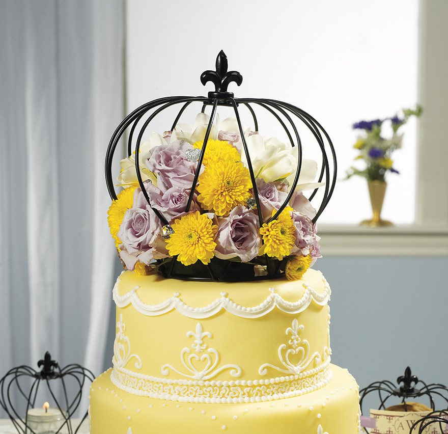 Floral Cake Topper - Summer Wedding Cake with Cage Cake Topper - Crown Cake Topper - Yellow Floral Wedding Cake | Confetti.co.uk