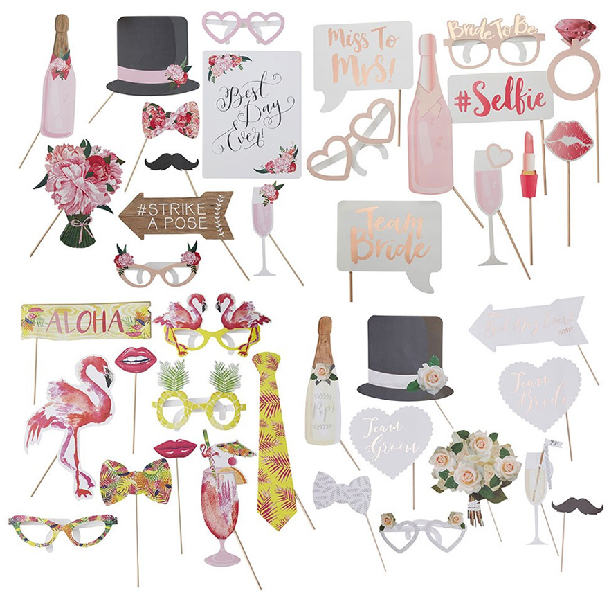 Floral Pink Wedding Photo Booth Props - Hen Party Props Assortment - Flamingo Fun Party Booth Props | Confetti.co.uk