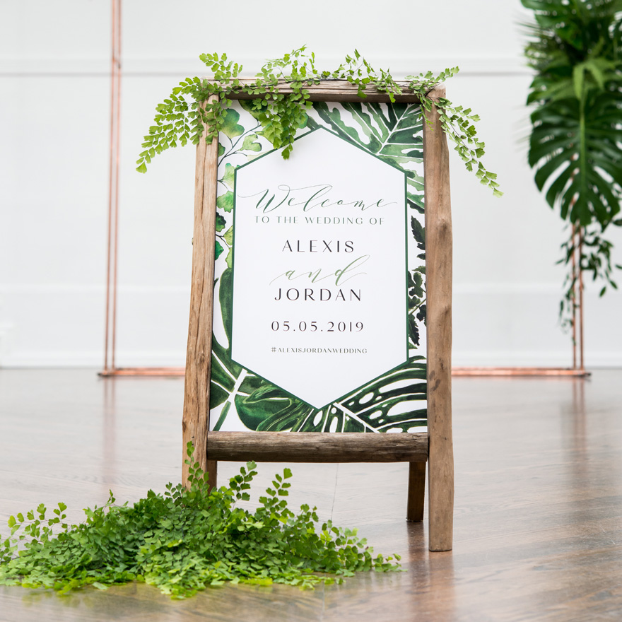 Best Wedding Signs - Greenery Personalised Welcome Sign For Rustic Wood Frame with Self Standing Chalkboard Sign With Rustic Wood Frame - Green and Rose Gold Wedding Ideas - Stylish Wedding Themes | Confetti.co.uk