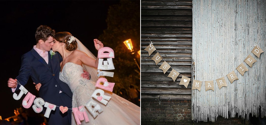 Katy and Matthew’s Fun Fairytale Disney Wedding Cute Pink and White Just Married Bunting and A Vintage Affair Rustic Hessian Just Married Bunting | Confetti.co.uk