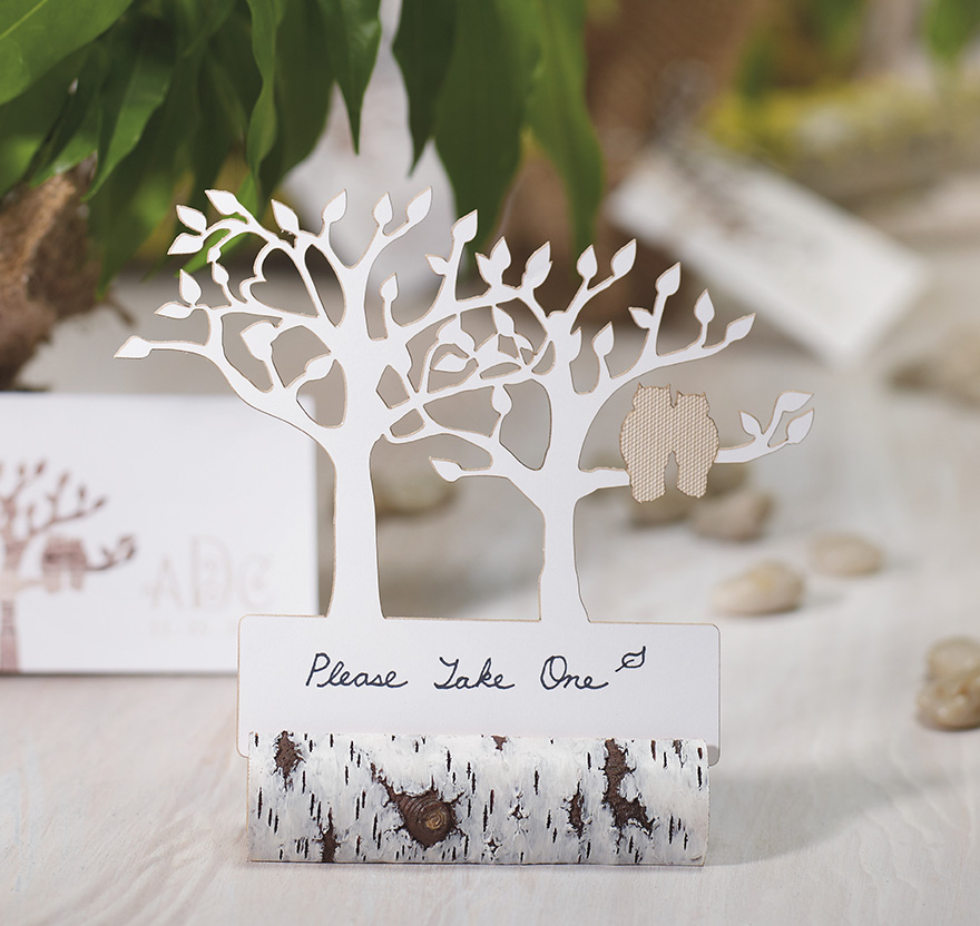 Laser Cut Tree Place Card in Silver Birch Tree Effect Card Holder - Tree Silhouette with Owls Wedding Stationery | Confetti.co.uk