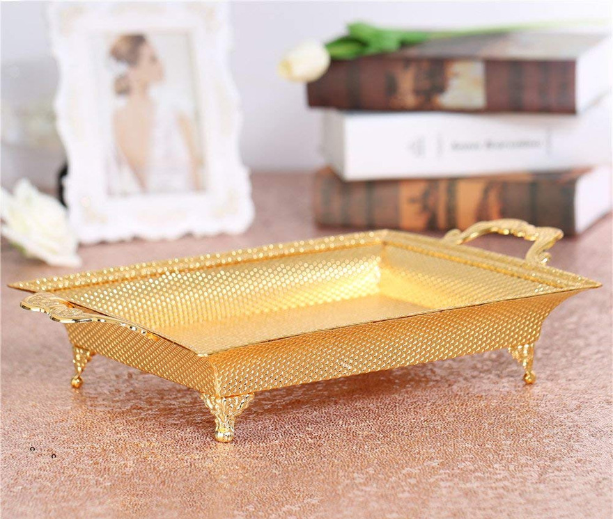 Rectangular Gold Platter - Ornate Gold Serving Tray with Handles - Unique Centrepiece Idea - Vintage Gold Tray - Cake Stand Alternative | Confetti.co.uk