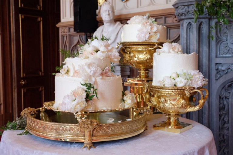 The First Look at the Royal Wedding Cake - Lemon and ElderFlower Royal Wedding Cake on an Ornate Golden Cake Stand | Confetti.co.uk