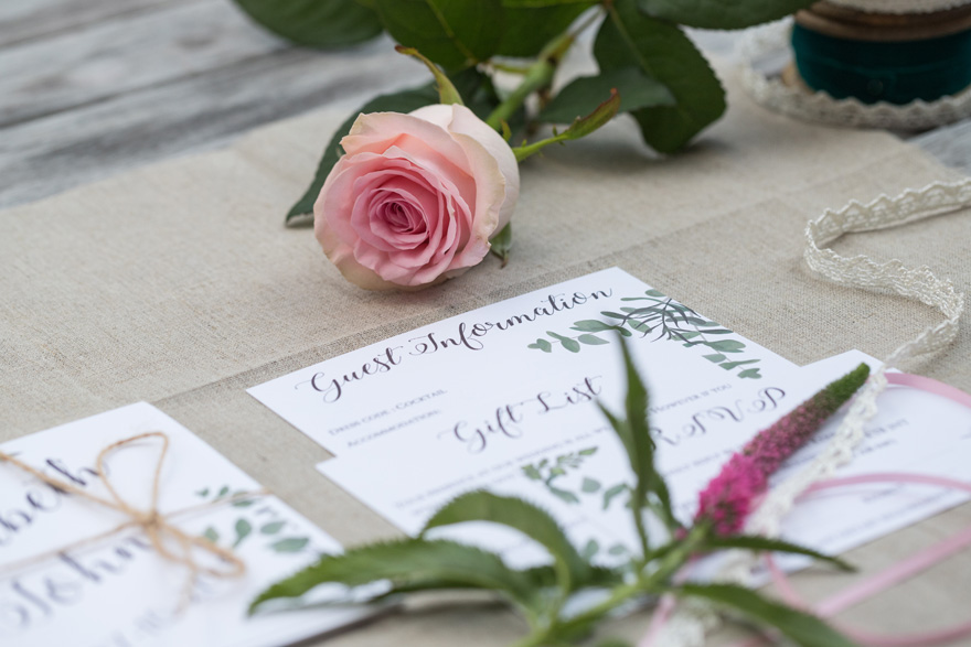 Victoria de Barros Stationery - Greenery Theme Wedding Stationery with Pastel Pink Roses and Summer Garden Wedding Flowers from Lily's Flowers Florist | Confetti.co.uk