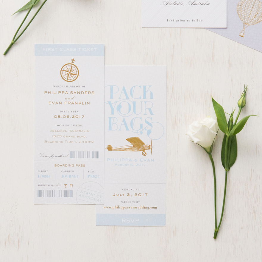 Vintage Travel Boarding Pass Style Invitation with Vintage Aeroplane and Compass - Pack Your Bags Compass Wedding Stationery - Pastel Blue Vintage Wedding Invitations | Confetti.co.uk