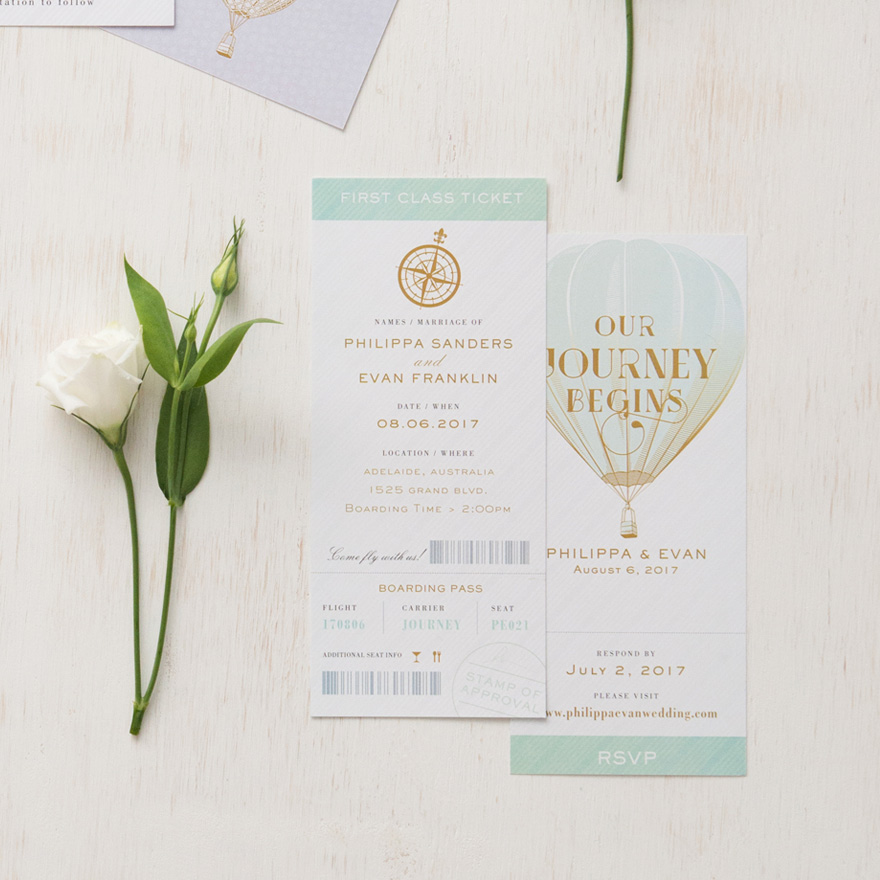 Wanderlust Wedding Stationery - Our Journey Begins Vintage Hot Air Balloon Wedding Invitation in Daiquiri Green - Vintage Travel Boarding Pass Style Invitation With RSVP - Golden Compass Wedding Stationery | Confetti.co.uk