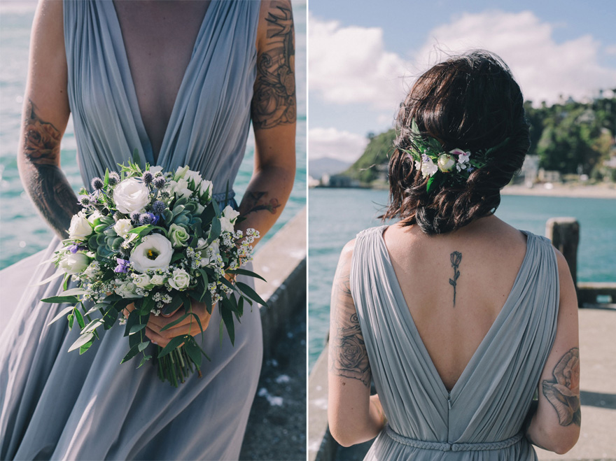 Beautiful Beach Wedding - Blue Wedding Dress - Bride with Tattoos - Sarah McEvoy New Zealand Wedding Photographer - New Zealand Waterside Wedding | Confetti.co.uk