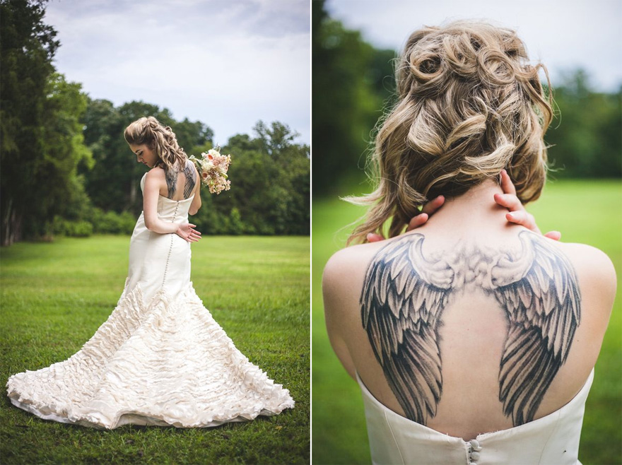 Bride with Angel Wings Tattoo on Back - Punk Princess Bride Wedding Styled Shoot from Maddie K Doucet Photography | Confetti.co.uk