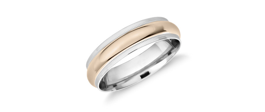 Platinum and Rose Gold Men's Wedding Rings - Monique Lhuillier Milgrain Edge Two-Tone Band in Platinum and 18k Rose Gold from Blue Nile | Confetti.co.uk