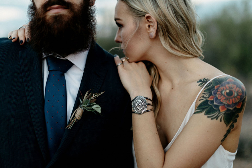 Tattooed Bride with Shoulder Tattoo - A Boho Elopement Against Arizona’s Superstition Mountains - Photography by Matt and Tish | Confetti.co.uk