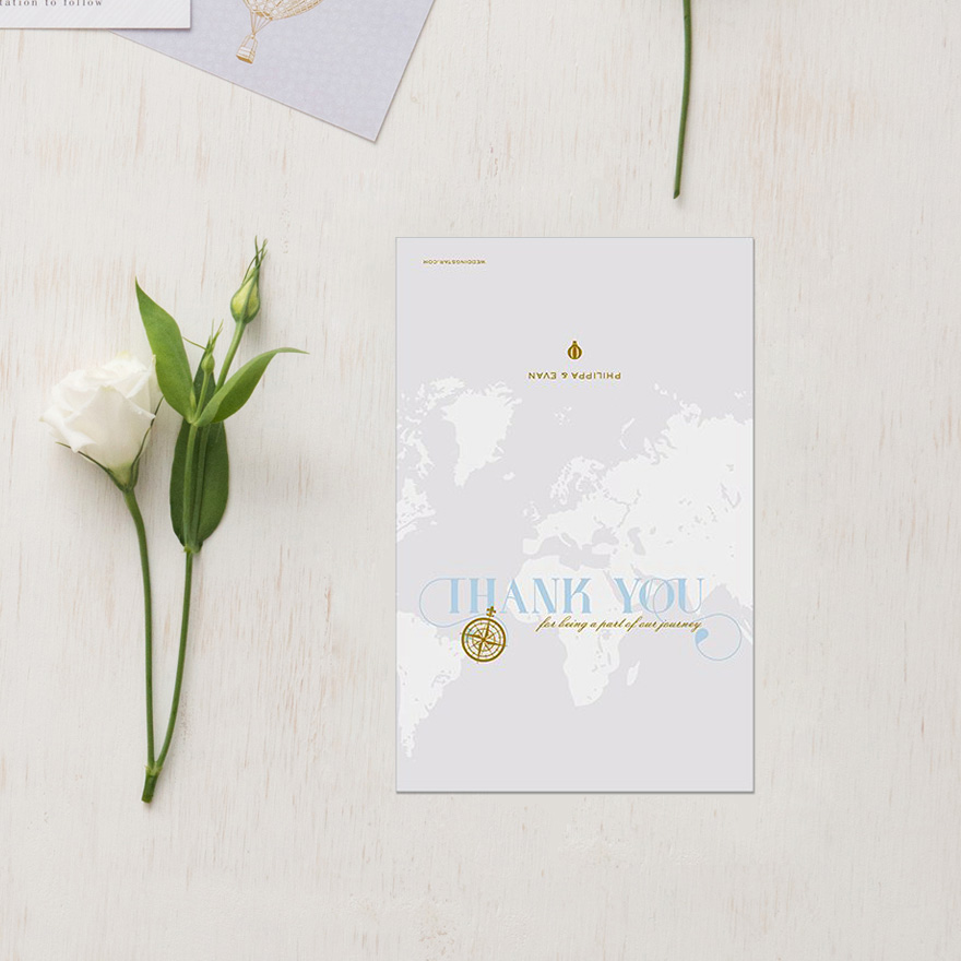 Vintage Travel Thank You Card with Fold - Gold Compass Vintage Wedding Stationery - Map Style Wedding Stationery - Wanderlust Wedding Stationery | Confetti.co.uk