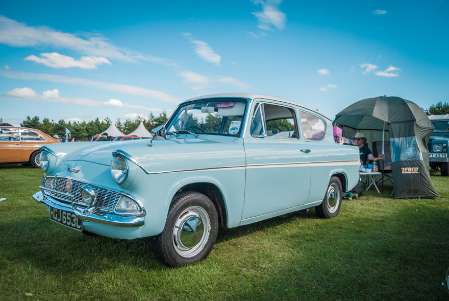 1960s Sky Blue Ford Anglia at the Croft Circuit Nostalgia Weekend co Durham, England by Neil Gardner on Shutterstock - Harry Potter Wedding Transport Ideas - Harry Potter Ford Anglia | Confetti.co.uk