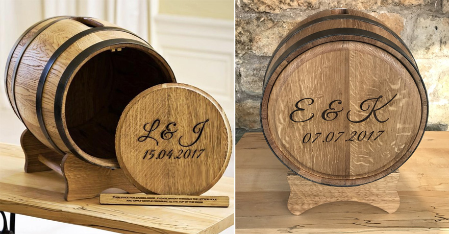 Engraved Oak Barrel Wedding Post Box for Gift Cards by Stag Design - Barrel Alternative Wedding Post Box Idea | Confetti.co.uk