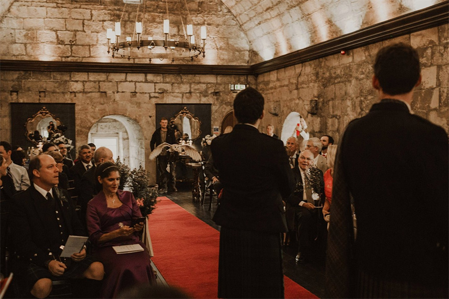 Owl Delivering the Wedding Rings - Owl Ring Bearer - Harry Potter Inspired Scottish Castle Wedding by The Curries Photography | Confetti.co.uk