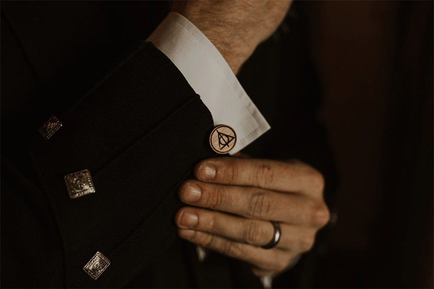 The Deathly Hallows Symbol Cuff Links - Harry Potter Inspired Scottish Castle Wedding by The Curries Photography | Confetti.co.uk