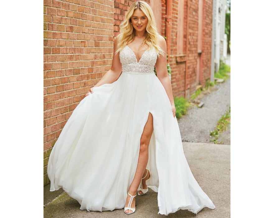 Bride with thigh-split wedding dress