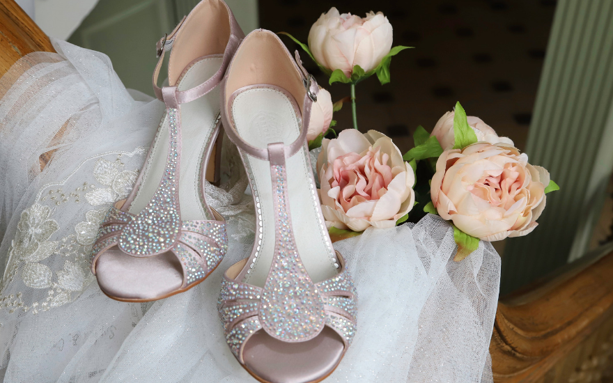 open toe pink wedding shoes with crystals