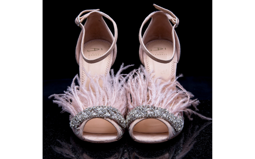 open toe pink wedding shoes with feathers